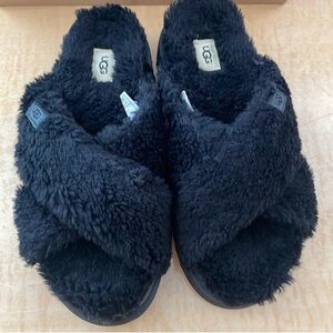 UGG Black Plush Crossband Slippers